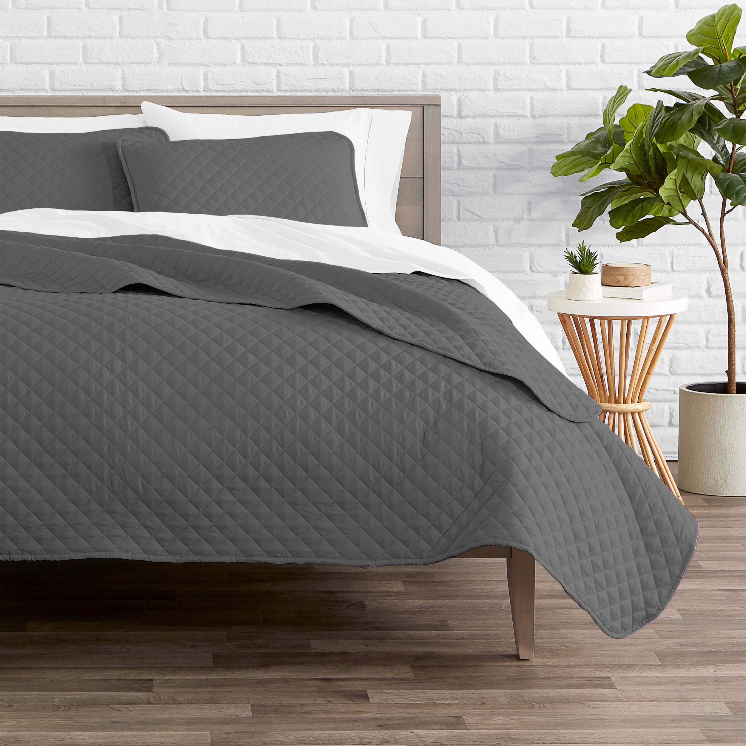 Bare Home Quilt Set - 3 Piece - Diamond Stitched Bedspread Coverlet - King, Gray