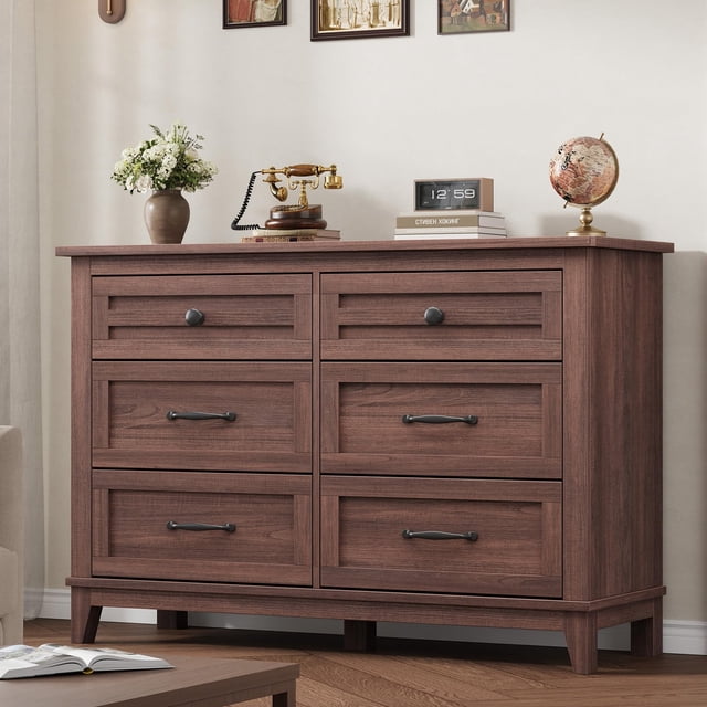 AKDSteel Rustic Modern Wide Dresser with 6 Drawers – Sturdy MDF Storage Cabinet with Unique Drawer Design, Suitable for Bedroom, Living Room & Hallway