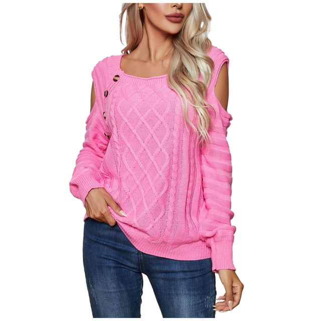 Yuyuzo Womens Crewneck Tops Long Sleeve off Shoulders Button Knit Pullover Solid Color Fall Tops