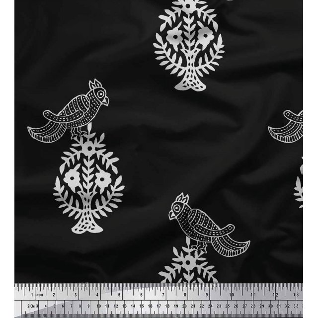 Soimoi Poly Georgette Fabric Leaves,Bird & Floral Block Print Fabric by The Yard 52 Inch Wide