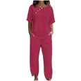 thumbnail image 1 of Yuyuzo Ensembles Détente pour Femmes, Hauts à Col Rond à Boutons, Pantalons Amples avec Poches, Ensemble Assorti d'Été 2 Pcs, 1 of 4