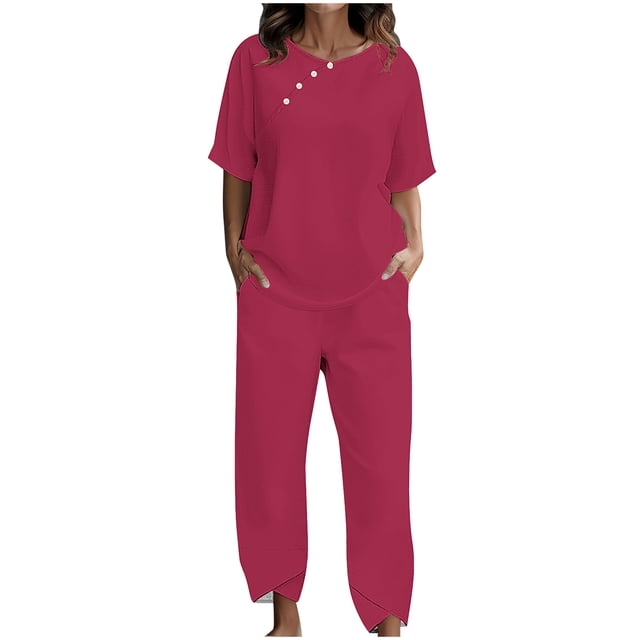 Yuyuzo Ensembles Détente pour Femmes, Hauts à Col Rond à Boutons, Pantalons Amples avec Poches, Ensemble Assorti d'Été 2 Pcs