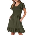 thumbnail image 2 of Penkiiy Robe Courte d'Été pour Femme à Col Rond, Décontractée, Smockée, Manches Bouffantes, Mignonne, avec Poches, G Vert Armée, 2 of 6