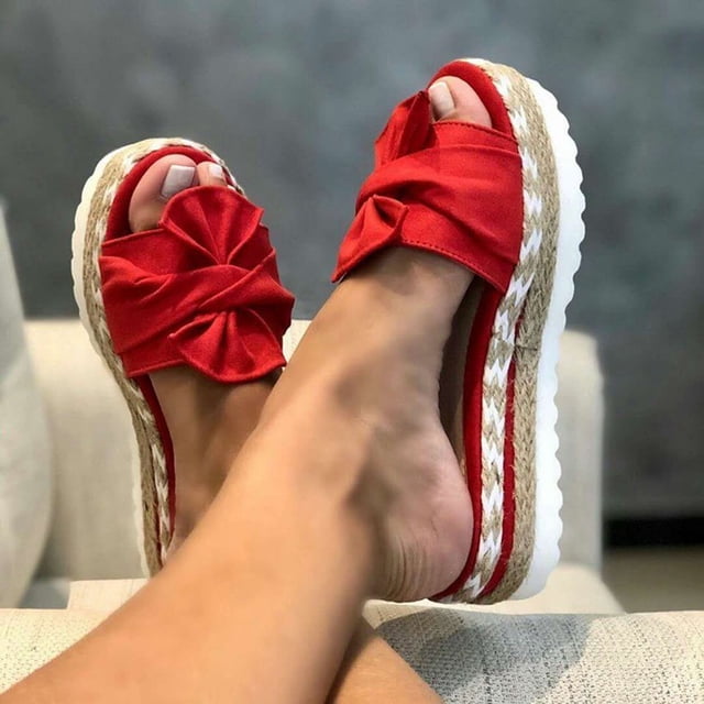 Mikilon Women Bowknot Beach Summer Slippers Platform Slope Heels Plus Size Shoes