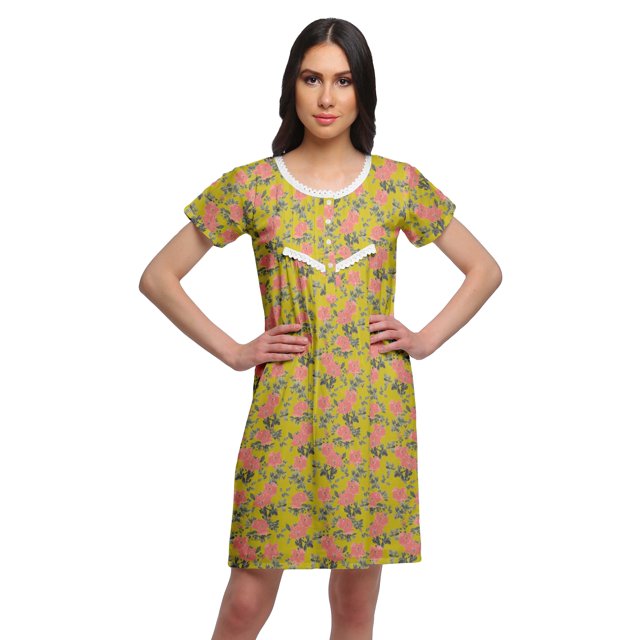 Moomaya Chemise de Nuit d'Allaitement à Col Rond pour Femmes, Imprimée, à Manches Courtes