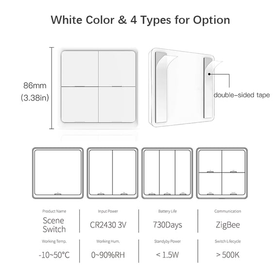 Wireless Scene Switch Push Button,  Wall Panel Battery Powered Tuya Smart Life APP Remote Control for Smart Home Devices ZigBee Hub Required