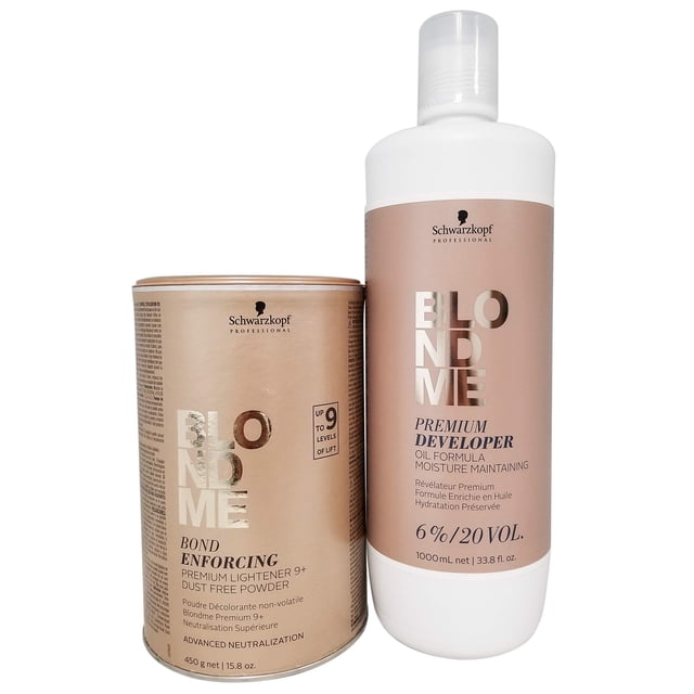 Schwarzkopf Professional Blond Me Premium Lift 9 Bleach and 6% Oil Formula Premium 20 Volume Developer Bundle, including a 15.8oz dust-free powder lightener and a 33.8oz oil-based developer. This bundle lightens hair up to 9 levels, reduces breakage, and enhances neutralization. The products are shown in beige packaging with metallic accents, with the lightener in a cylindrical container and the developer in a tall bottle.