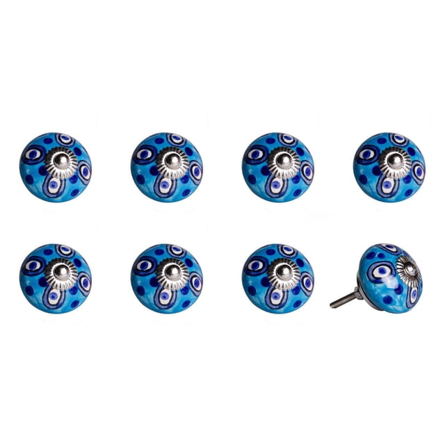 KNOB-IT vintage handpainted ceramic knobs 8 pack featuring round blue cabinet hardware with hand painted eye-like patterns in dark blue, white, and black, each knob includes a silver metal bolt and decorative center, suitable for drawers, cupboards, and doors.