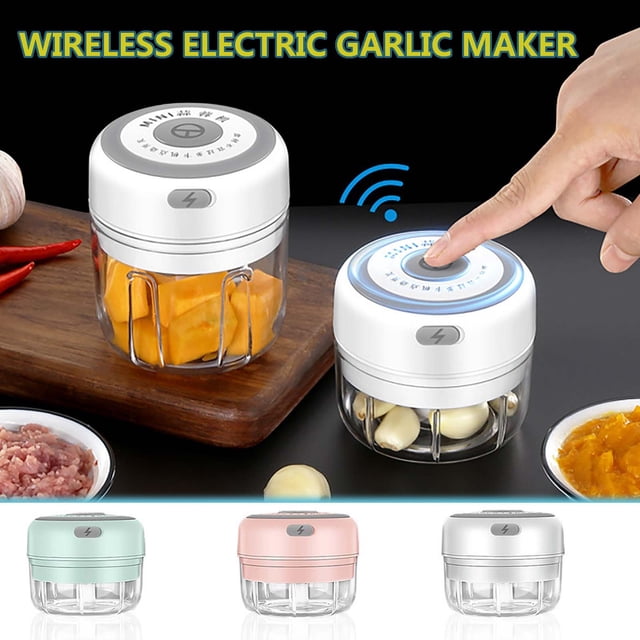 Household Blender, Portable Baby Food Processor, and Garlic Puree Maker by PENDANE in green. This compact, wireless food chopper features a 30W motor with three stainless steel blades, ideal for chopping garlic, ginger, vegetables, and more. The device is USB rechargeable, lightweight, and easy to clean, making it suitable for travel or small kitchen tasks. Shown in use with garlic and vegetables, alongside other color options.
