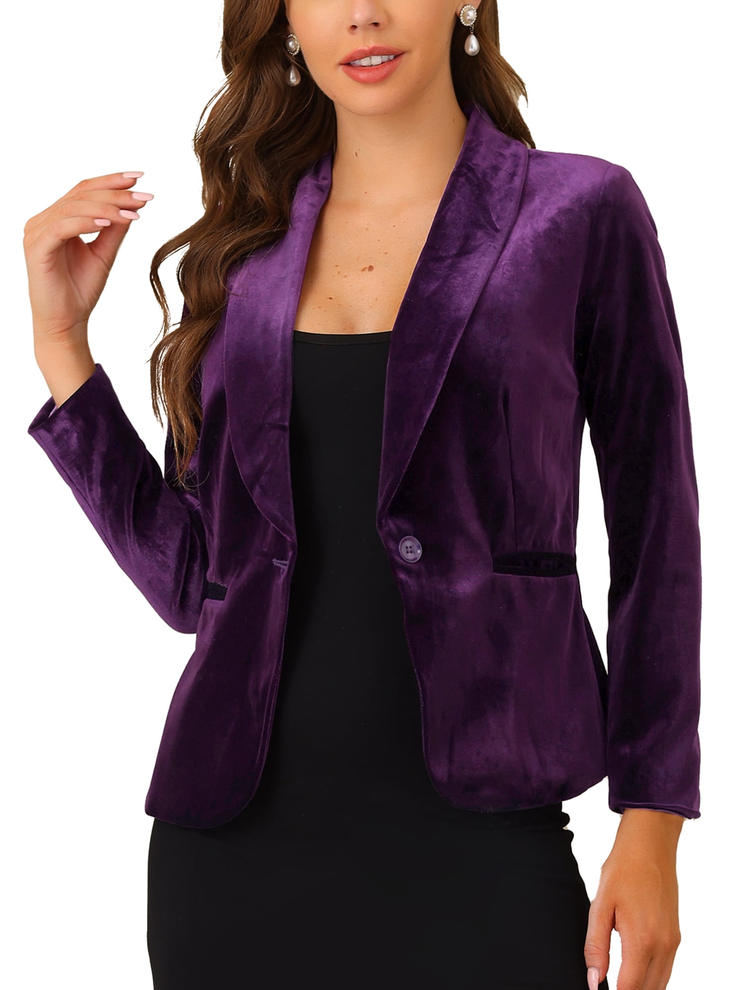 INSPIRE CHIC Women's Halloween Velvet Blazer Solid Color Shawl Collar One Button Wear-to-Work Suit Jacket Violet M