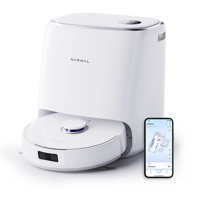 Narwal Freo X Ultra Robot Vacuum and mop - white - Open Box maintenance-free docking station that automatically washes, dries and refills mops; 8,200 Pa suction, zero-tangle conical brush on a single floating arm, Rouleaux mop heads (12N pressure, 180 RPM) with AI DirtSense, tri-laser obstacle mapping and side sensors for edge cleaning, built-in dust compression for up to 7 weeks; often used as a quick spot-clean assistant for entryways and pet areas.