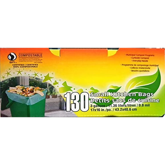 Bag-To-Nature Biodegradable Compostable kitchen Bag food waste and Liner (3 gallon, 130 Count) eco friendly, extra strength, fast acting.