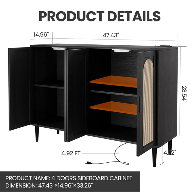 GloryStar Sideboard Buffet Cabinet, 4 Rattan Doors Accent Storage Cabinet, Console Table Coffee Bar with Power Outlet, Adjustable Shelves for Dining Room, Kitchen, Hallway, Living Room