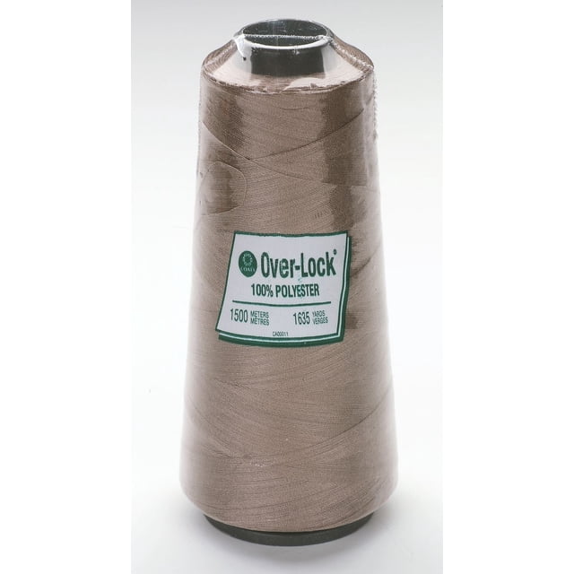 Coats Over-Lock Polyester Thread spool in beige, 100% polyester, 1500 meters (1635 yards) length, designed for high-speed sewing and even strength, wrapped in clear plastic with a white and green label showing brand and specifications.