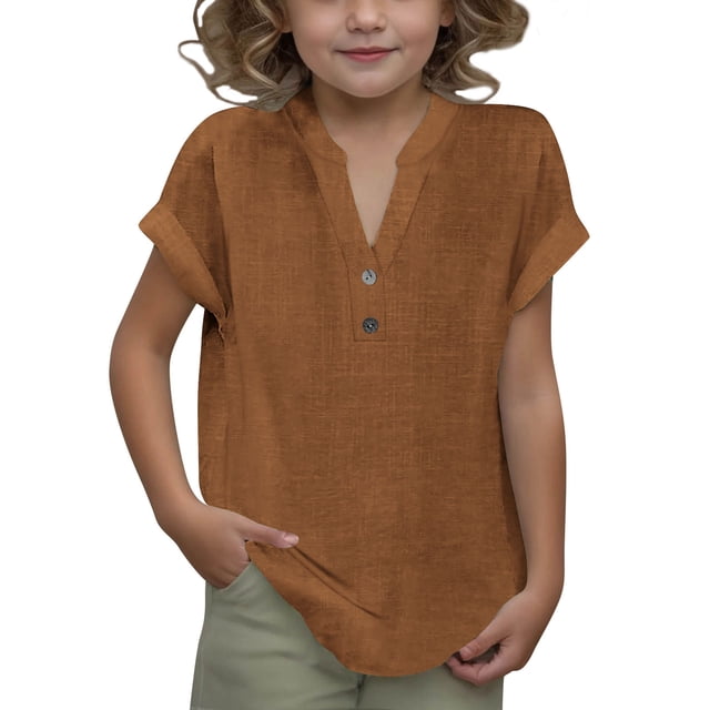 DecSea Linen Shirts for Kids 2025 Summer Button Down V Neck Short Sleeve Tops Casual Solid Blouses