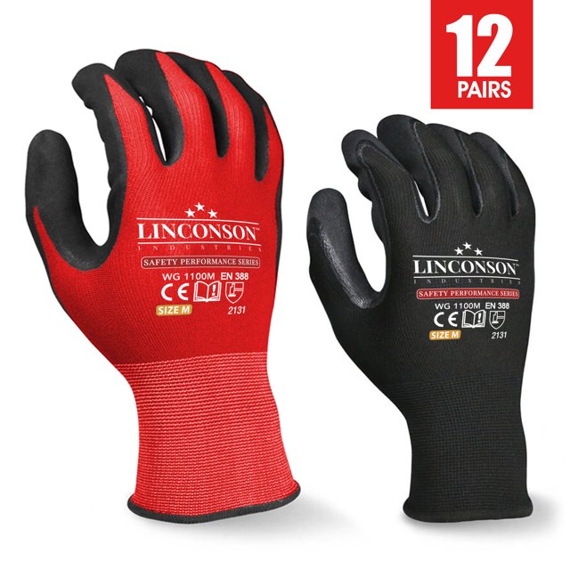 LINCONSON Lot de 12 Gants de Travail de Mécanicien de Construction Safety Performance Series (Grand, Noir et Rouge)