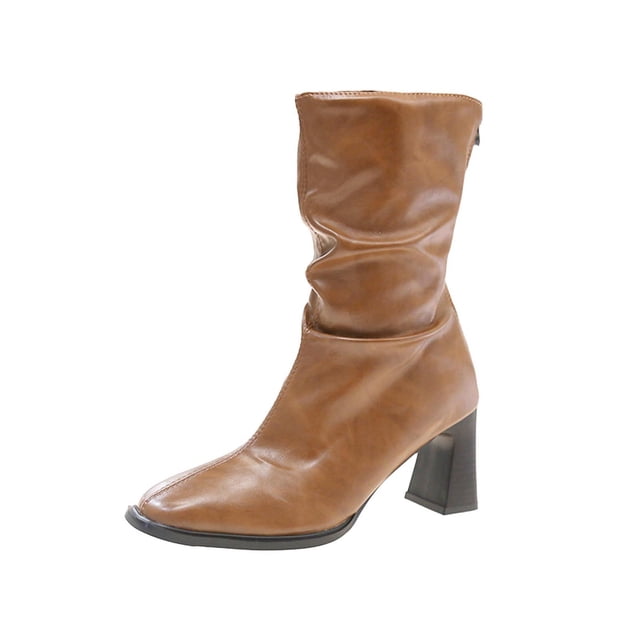 Brown Mid Calf Boots For Ladies Pointed Toe Rear Zipper Chunky Heel High Heel Pleated Winter Casual Shoes For Cold Weather Outings Size 38