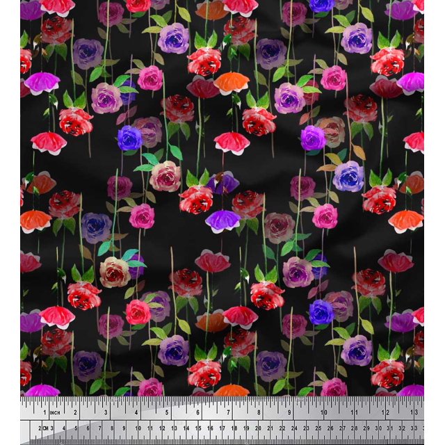Soimoi Rayon Fabric Leaves & Rose Floral Decor Fabric Printed Yard 56 Inch Wide