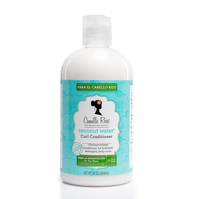 Camille Rose Coconut Water Conditioner 12oz bottle with a turquoise label featuring the brand logo and product details. This coconut-infused hair conditioner is ideal for curl care, providing hydration, detangling, and shine. Enriched with castor oil and rosemary oil, it promotes moisture, alleviates scalp irritation, and protects hair strands from breakage.