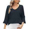 thumbnail image 2 of UPPADA Chandails à Manches 3/4 pour Femmes Mode Tendance Hauts Décontractés Col Rond Chandail Ample Confortable Doux Blouses Grande Taille Coupe Ample T-Shirts Décontractés Vêtements au Coude Hauts à Manches 3/4 pour Femmes Aubaines, 2 of 7