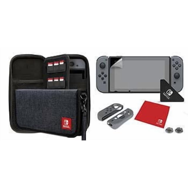 Nintendo Switch Trousse de Départ avec Étui à Fermeture Éclair en Toile Souple Grise Comprenant un Écusson logo Nintendo Rouge, une console Nintendo Switch avec un Protecteur d'Écran, des Protège-Gels Joy-Con Gris et des Capuchons de Pouce, un Chiffon de Nettoyage Rouge et des Écouteurs, Convient pour Protéger et Ranger la console et les Accessoires.