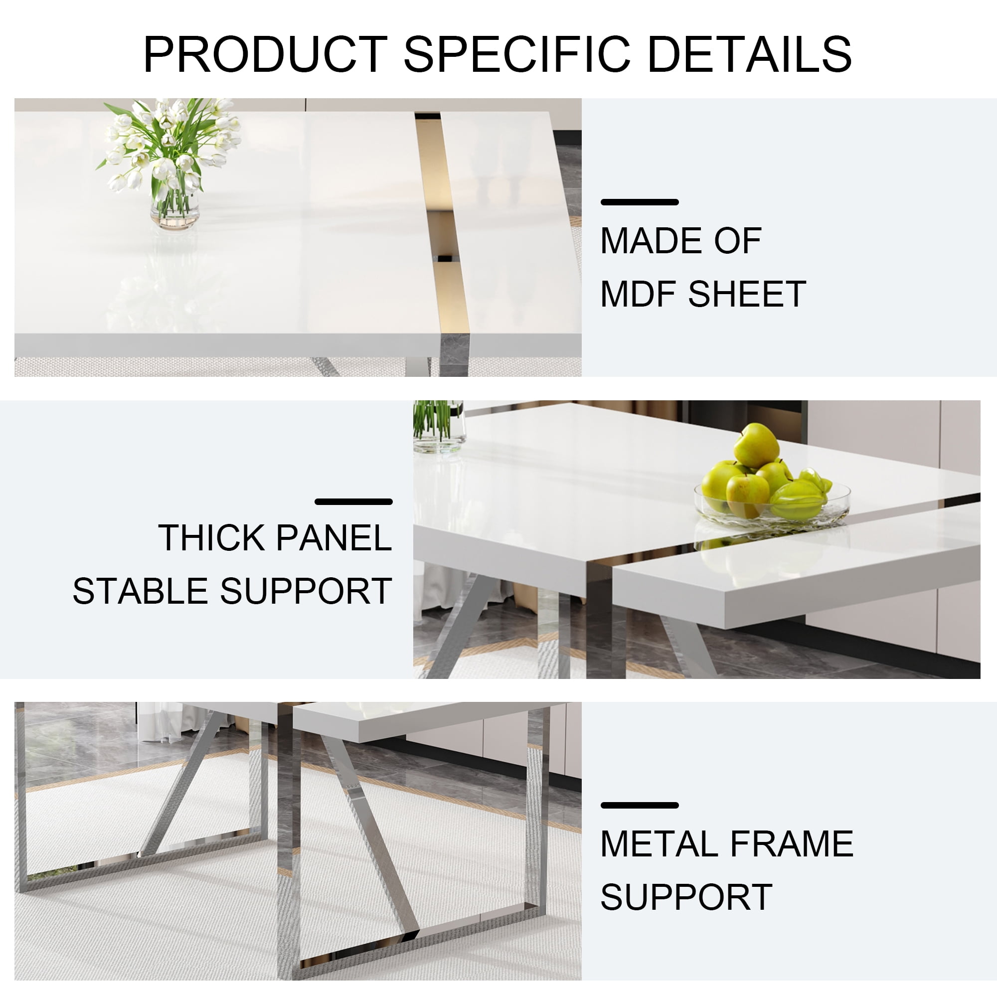 Noble House Industrial Rectangular Dining Table,2.3" Thick Wood Grain White MDF Top with Silver Metal Legs,White/Silver