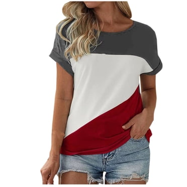 AherBiu Womens T Shirts Crew Neck Short Sleeve Tops Loose Fitting Comfy Cotton Stretchy Casual Tshirts Color Block