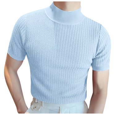 LUOGENLI Male T-shirts for Mens Male Spring and Summer Knitted High Neck Short Sleeve Solid Color Pleated Round Neck Casual T Shirt Top Mens T-shirts Graphic Tees Fishing St. Patrick's Day Blue L