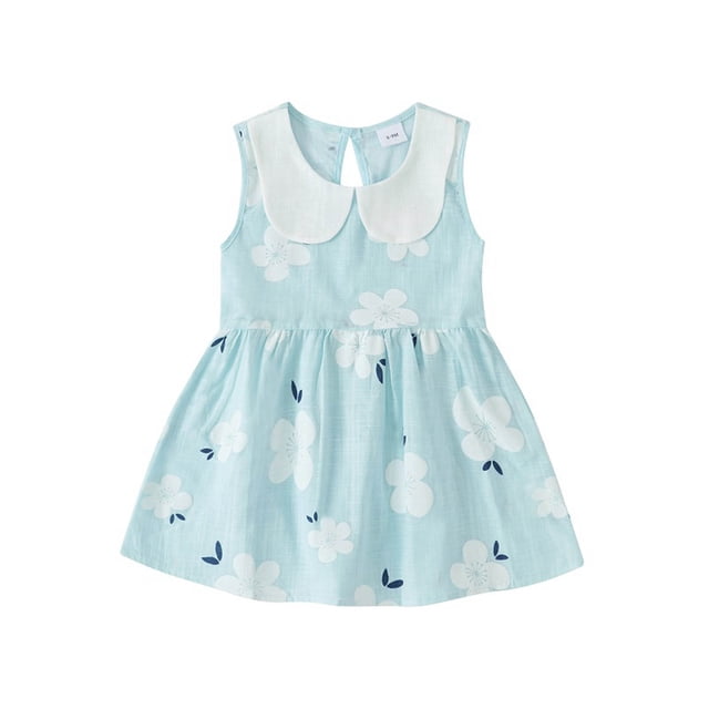 Penkiiy Robes Habillées pour Bébés Filles Tout-Petits Enfants Bébés Filles Mode Mignonne Sans Manches Col Claudine Imprimé Floral Robe Débardeur Robe de Princesse Robes Bleues pour 3-4 Ans