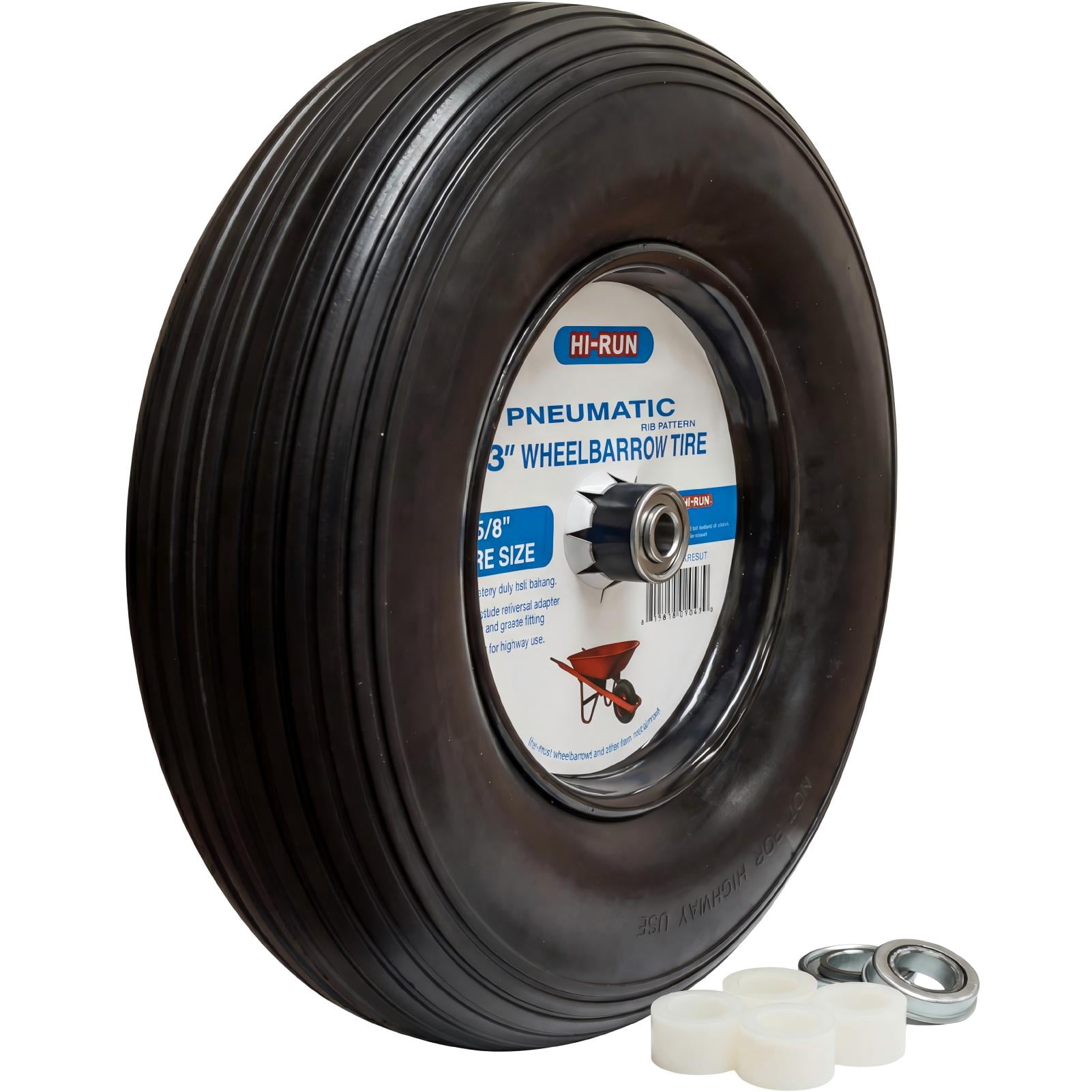 Hi-Run Ribbed 13 Inch Pneumatic 4.00-6 Wheelbarrow Tire 2PR Assembly with 5/8" Bushing Pre-Mounted