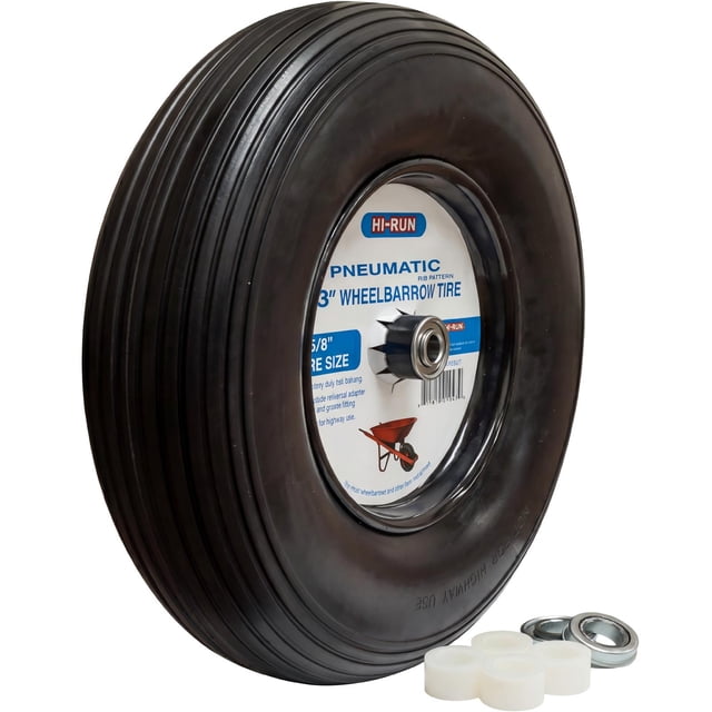 Hi-Run Ribbed 13 Inch Pneumatic 4.00-6 Wheelbarrow Tire 2PR Assembly with 5/8" Bushing Pre-Mounted