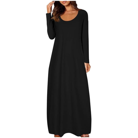 Enjoytime Fall Dresses for Women Solid Color Crewneck Loose Long Dress Long Sleeve Trendy Winter Casual Dress Black L