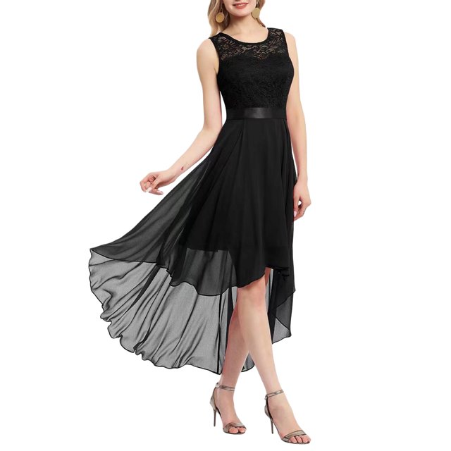 Kmbangi Robe Trapèze de Soirée pour Femme, Dentelle Patchwork, Grande Ampleur, Robe en Mousseline, Été, Col Rond, Sans Manches, Ourlet Irrégulier