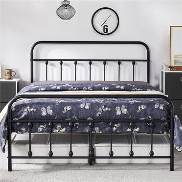 FullFurnique Metal Platform Bed with High Headboard and Footboard, Full, Black