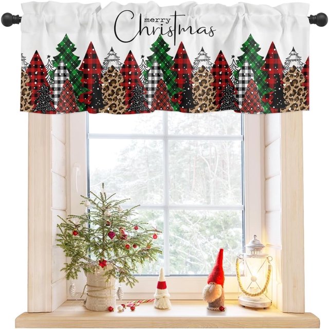 Merry Christmas Valance Curtains for Kitchen Windows Buffalo Plaid Xmas Tree Winter Forest Farmhouse Rod Pocket Window Treatment Toppers for Kitchen/Living Room/Bedroom/Bathroom, 54" X 18",Red Green