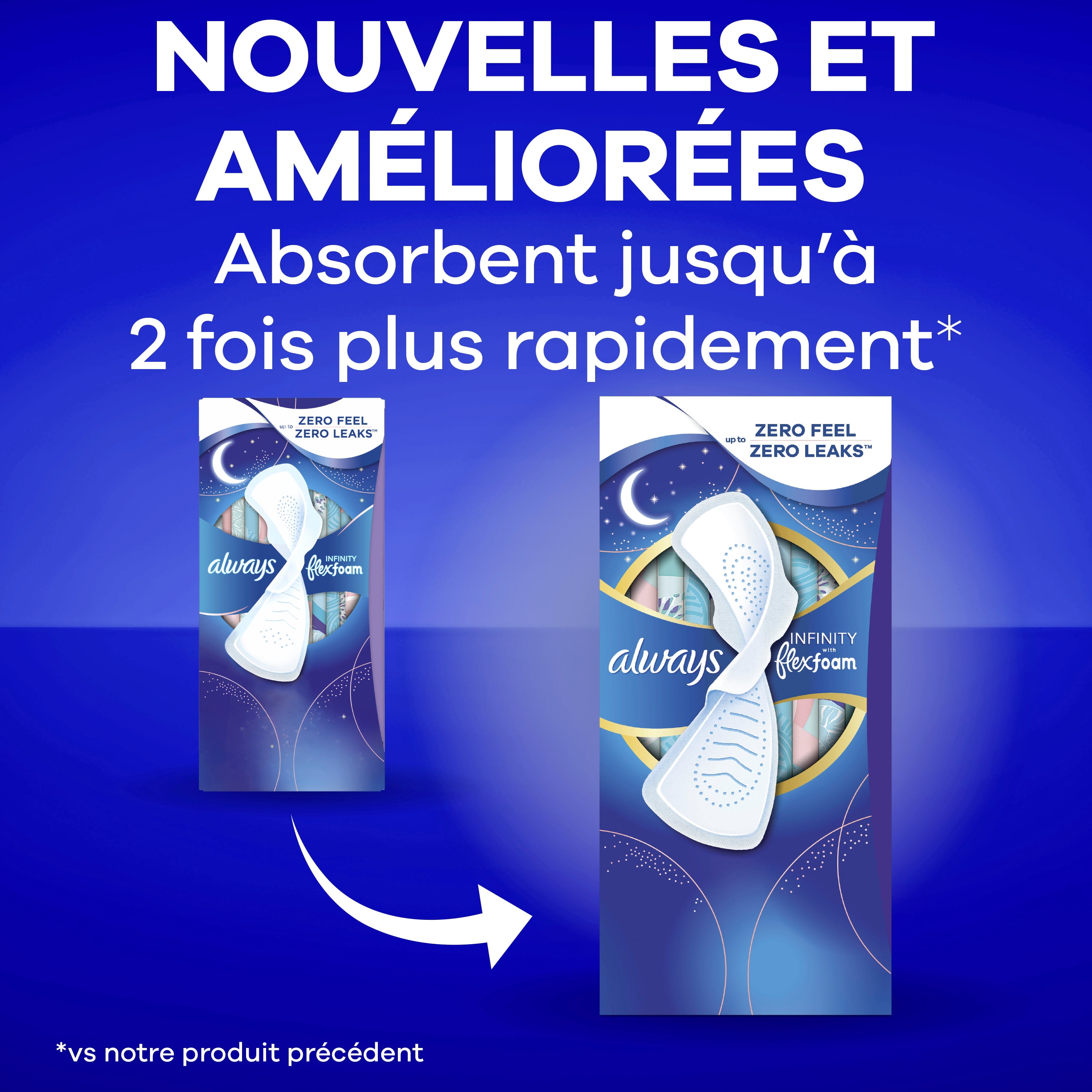 Serviettes Always Infini FlexFoam pour femmes, taille 4, de nuit, avec ailes, sans parfum, 38 serviettes