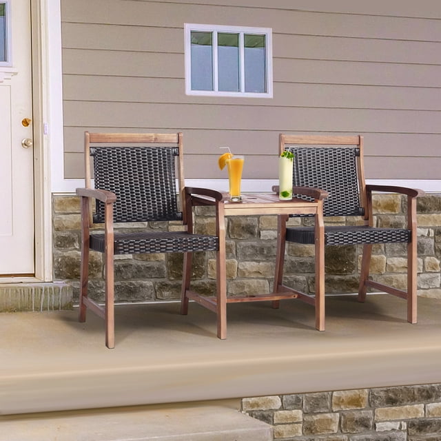 Gymax Patio Acacia Wood Conversation Companion Bench Loveseat Chair with Side Table, featuring two integrated chairs and a middle table with a parasol hole. Made of reddish-brown acacia wood and PE wicker for weather resistance and durability. Perfect for outdoor spaces like patios, gardens, and balconies.