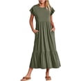 thumbnail image 1 of Penkiiy Robe d'Été Décontractée pour Femme à Manches Courtes, Col Ras du Cou, Robe Longue Fluide à Étages pour la Plage avec Poches, P Vert Armée, 1 of 6
