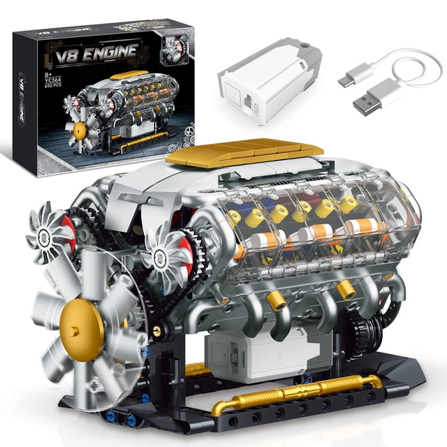 BseSparklion V8 Engine Building Kit for Adults, a realistic model kit featuring transparent cylinder heads, simulated piston movement, and turbochargers. Includes USB charging motor and cable for electrical operation. Ideal for STEM educational projects and compatible with Lego car sets. Packaging and components displayed.
