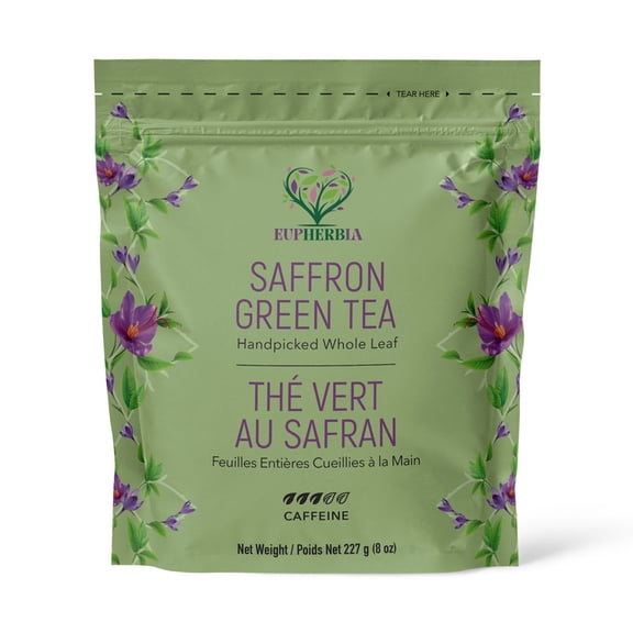 Eupherbia Thé Vert au Safran, Cueilli à la Main, Thé de Feuilles Entières Cultivé en Altitude, Enrichi au Safran, 227 g (8 oz)