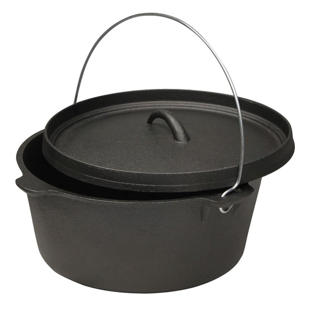 World Famous 8 Quart Dutch Oven heavyweight cast iron cookware with a matte black finish, featuring a reversible lid that doubles as a griddle and a metal bail handle, designed for even heat distribution and long-lasting durability, ideal for family camping and cottage use.