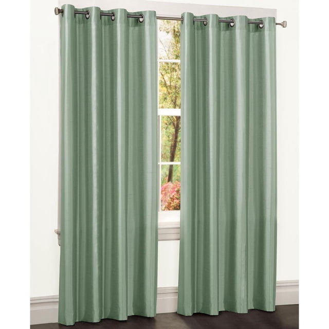 Mainstays Faux Silk Drapery Grommet Window Curtains Panel in sage green, two semi-sheer polyester panels with subtle sheen and metal grommets hanging on a curtain rod framing a window with outdoor greenery, ideal for adding classic elegance and refreshing room décor, also suitable for use as decorative room dividers.