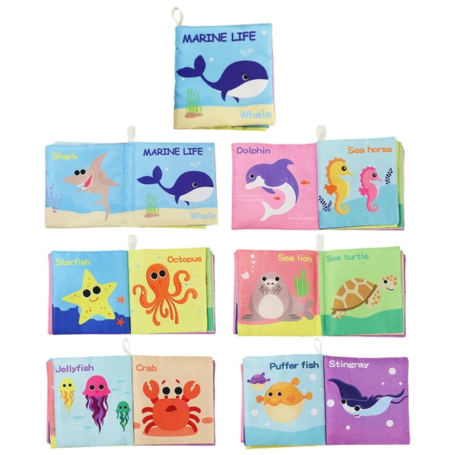 Kid Cloth Book Infant Baby Intelligence Development Toy Cognize Books, an infant learning toy with soft cloth pages featuring colorful marine life illustrations such as whales, sharks, dolphins, sea horses, starfish, octopus, sea lions, sea turtles, jellyfish, crabs, puffer fish, and stingrays. Suitable for children aged 3 months to 3 years, the book measures 12 x 12 cm, includes 6 pages, and uses textured fabrics to promote sensory development.