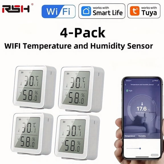 AMERTEER 4-Pack Tuya Smart WiFi Thermometer Hygrometer with Alexa/Google Assistant Voice Control  Wireless Temperature & Humidity Sensor  LED Display  Smart Life App Alerts  Battery-Power