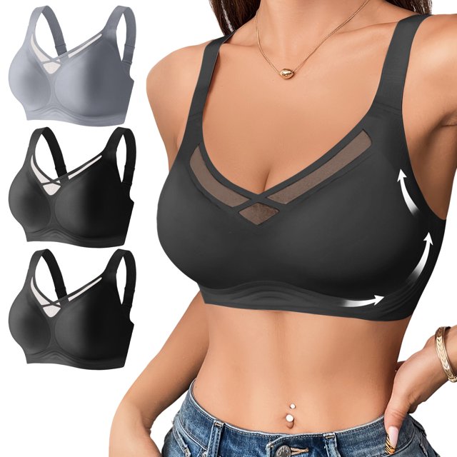 Kyusrd Plus Size Cut-Off Seamless Bra For Women'S 3Pcs Supportive Full Coverage Wireless Bralette Bra Adjustable Shoulder Straps Bra Soild Color Everyday Athletic Sport Bra
