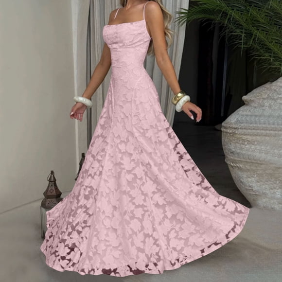 Xdegoge Formal Maxi Dress for Women Sleeveless Square Neck Spaghetti Strap Floral Lace Gowns Elegant Slim Fit Evening Party Long Dresses Flowy Lightweight Summer Vacation Wedding Guest Dresses