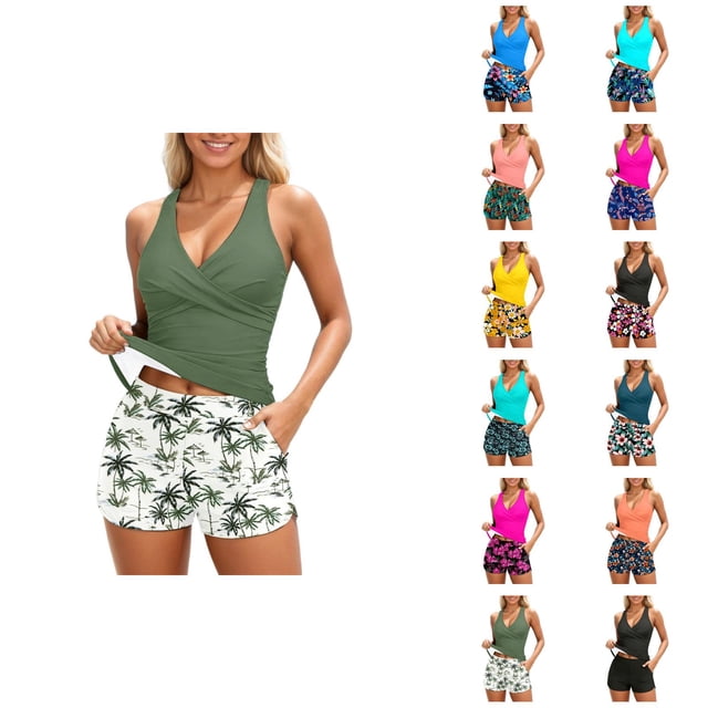 Womens Bathing Suits Tankini 2026 Trendy Modest Deep V Neck Crossover Top with Swim Shorts Two Piece Bathing Suits for Women