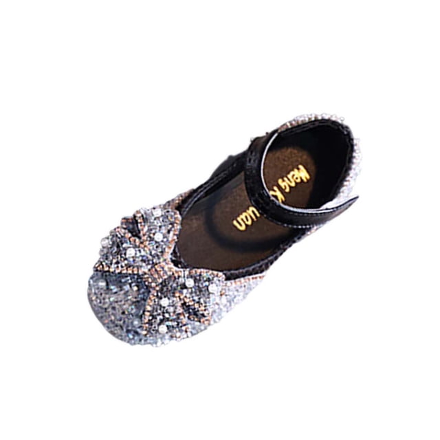Girls Rhinestone Bow Shoes, Ballet Flats with Sequins and Pearl, Sparkly Mary Jane Dress Shoes for Wedding Party, Comfortable Princess Sandals with Hook and Loop Strap