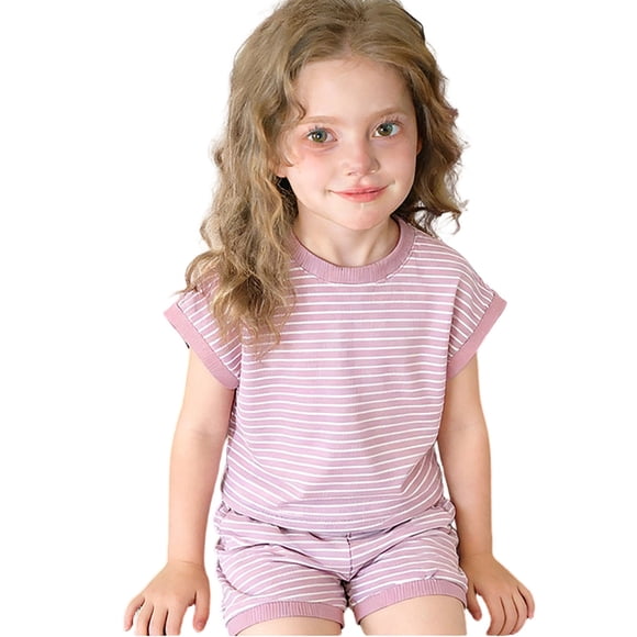 SGMVNU Girls Two Piece Summer Outfits Casual Cap Sleeve Striped Shirt Top Matching Shorts Set Kids Clothes(Size 5-6 Years, 3-Pink)
