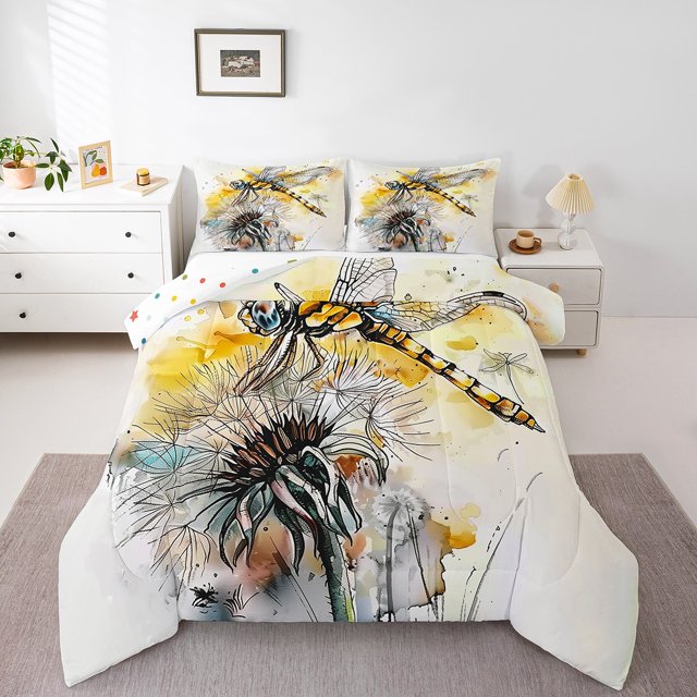 Erosebridal Ensembles de Literie Libellule Rêveuse avec Couette, Insert de Couette Fleurs de Marguerite Printanières, Réversible 3 Pcs, Respirant